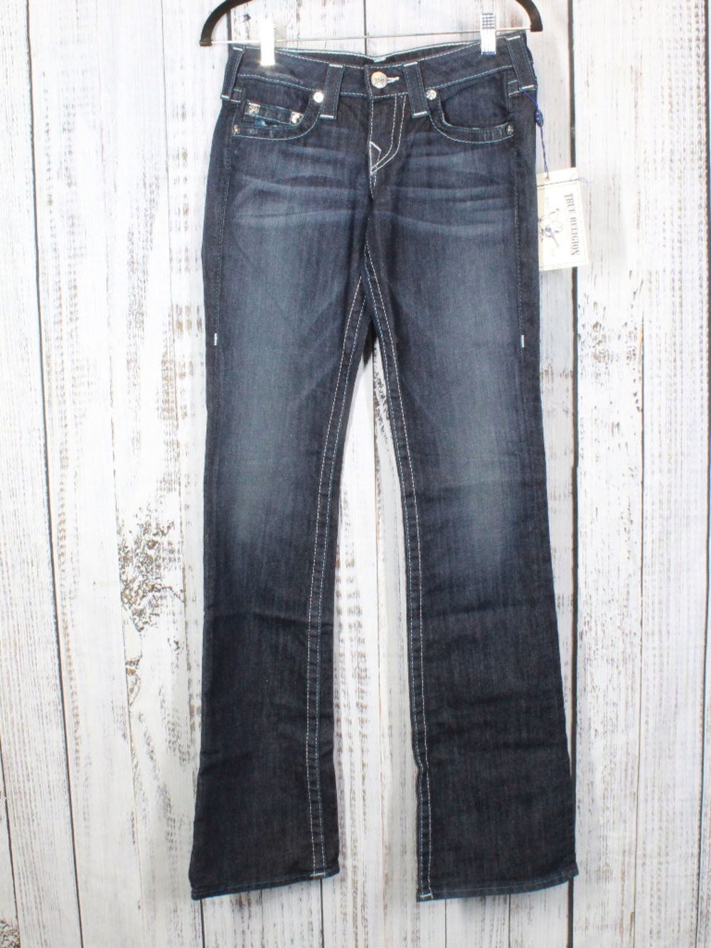 NWT True Religion Twisted Torn Bootcut Jeans Teal Timelapse Stitch Mens Size 26